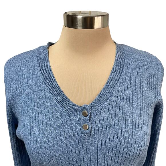 Liz Claiborne Blue Rib Knit Vneck Cotton Sweater Sz XL Closet Staple Casual Work - Picture 2 of 9